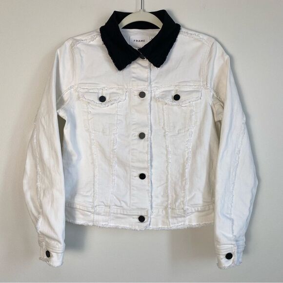 Frame Block Denim Jacket Contrast Collar XS X-Small Off White Black Raw Hem - Picture 2 of 8
